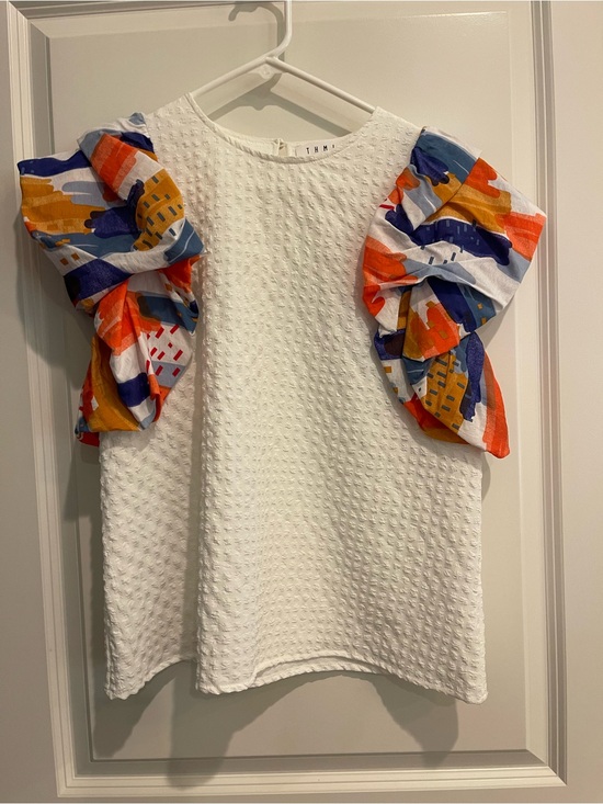 THML Tops - THML White Textured Top with Colorful Puff Sleeves